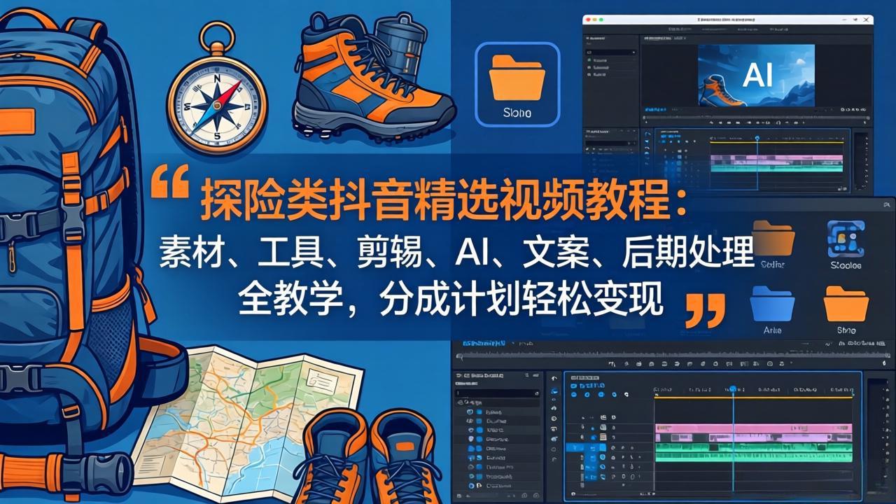 探险类抖音精选视频教程：素材、工具、剪辑、AI、文案、后期处理全教学，分成计划轻松变现-点子口袋网