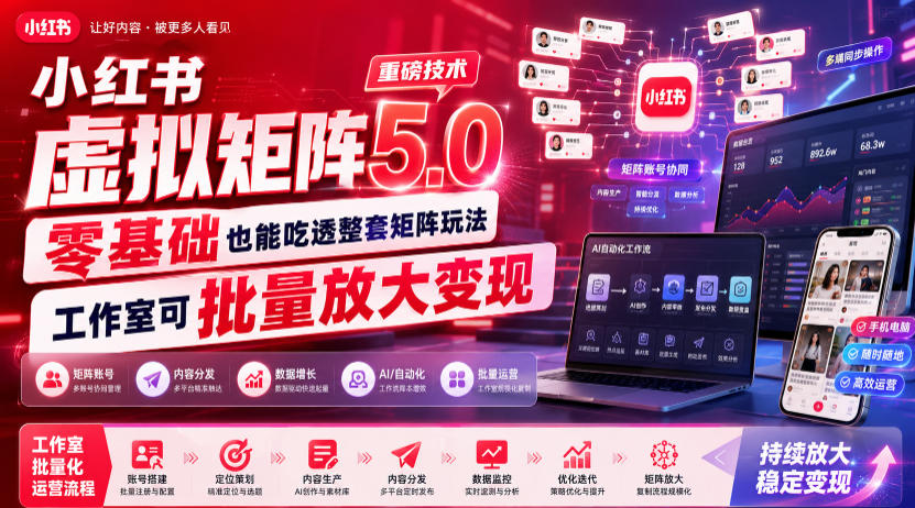 小红书虚拟矩阵5.0重磅技术，零基础也能吃透整套矩阵玩法，工作室可批量放大变现-点子口袋网