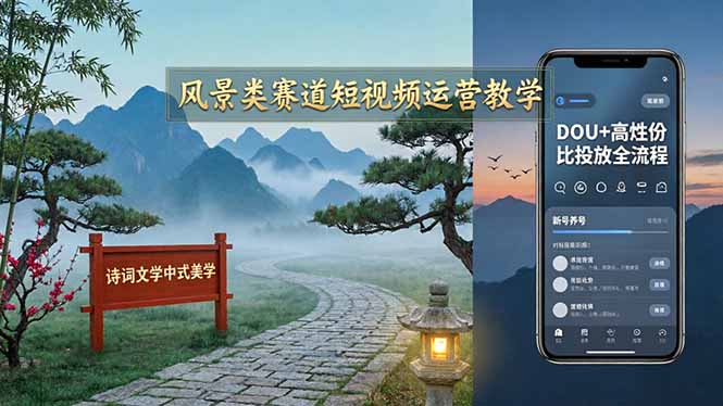 风景类赛道短视频运营教学：诗词文学中式美学，新号养号对标账号定位，DOU+高性价比投放全流程-点子口袋网