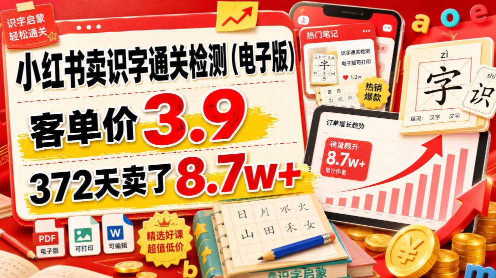 小红书卖识字通关检测（电子版），客单价3.9，372天卖了8.7w+-点子口袋网