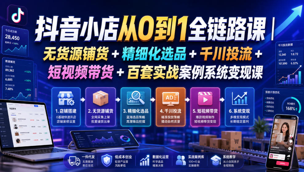 抖音小店从0到1全链路课｜无货源铺货+精细化选品+千川投流+短视频带货+百套实战案例系统变现课（2026年7月更新）-点子口袋网