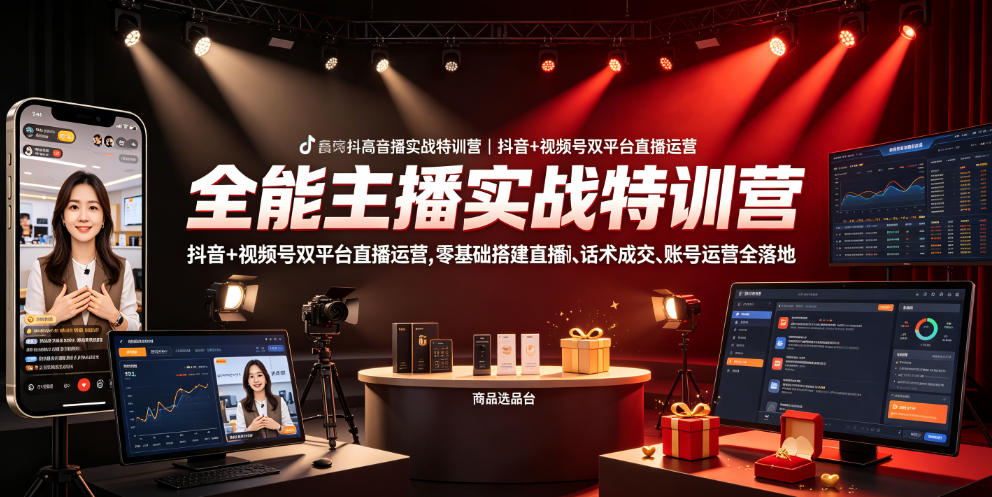 全能主播实战特训营｜抖音+视频号双平台直播运营，零基础搭建直播间、精准选品、话术成交、账号运营全落地-点子口袋网