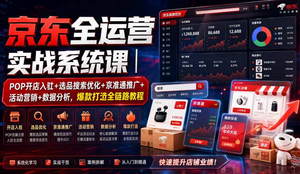 京东全运营实战系统课｜POP开店入驻+选品搜索优化+京准通推广+活动营销+数据分析，爆款打造全链路教程-点子口袋网
