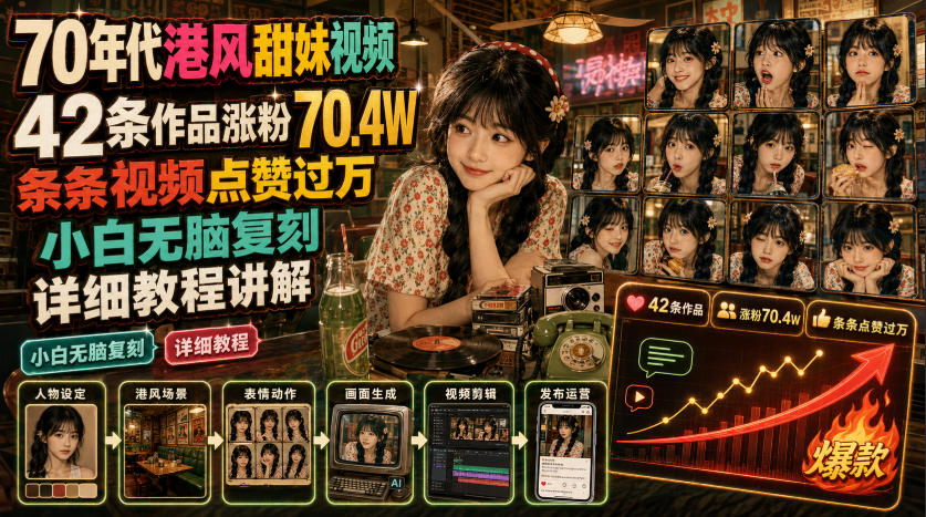 70年代港风甜妹视频，42条作品涨粉70.4W，条条视频点赞过万，小白无脑复刻，详细教程讲解-点子口袋网