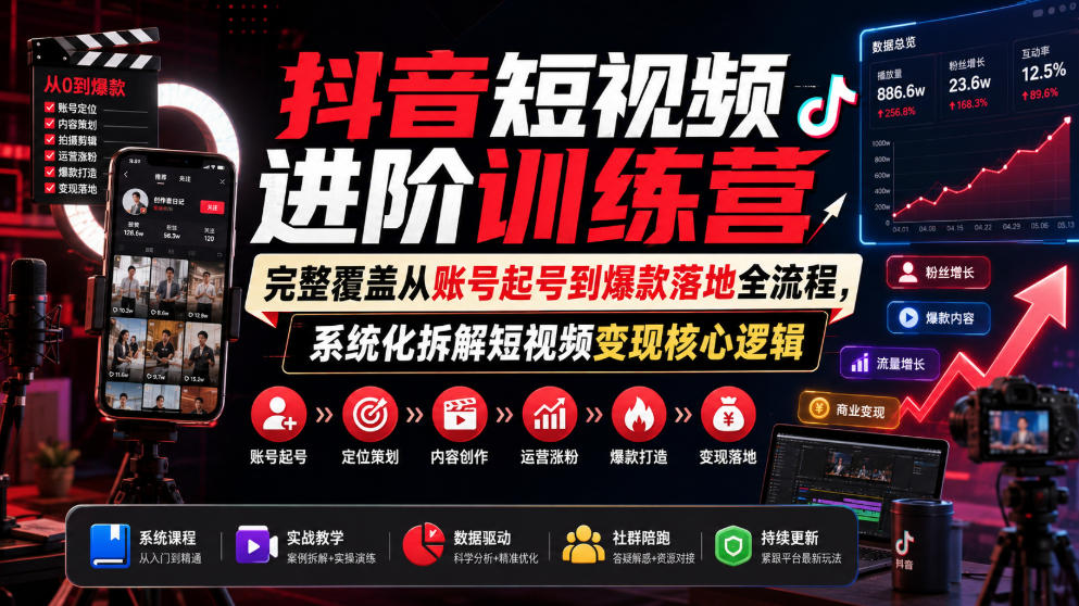 抖音短视频进阶训练营，完整覆盖从账号起号到爆款落地全流程，系统化拆解短视频变现核心逻辑-点子口袋网
