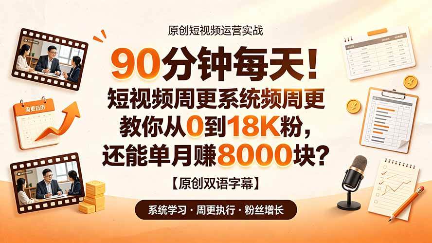 （19265期）90 分钟每天！短视频周更系统教你从 0 到 18K 粉，还能单月赚 8000 块？【原创双语字幕】-点子口袋网