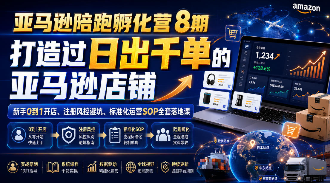 亚马逊陪跑孵化营8期，打造过日出千单的亚马逊店铺，新手0到1开店、注册风控避坑、标准化运营SOP全套落地课-点子口袋网