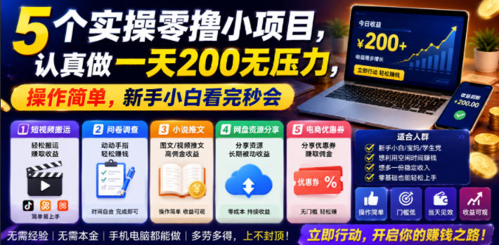 5个实操零撸小项目，认真做一天200无压力，操作简单，新手小白看完秒会【揭秘】-点子口袋网