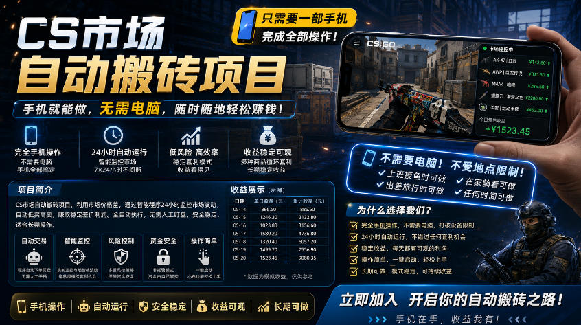 手机即可操作的CS市场自动搬砖系统｜自动监控｜自动下单|日入300+【揭秘】-点子口袋网