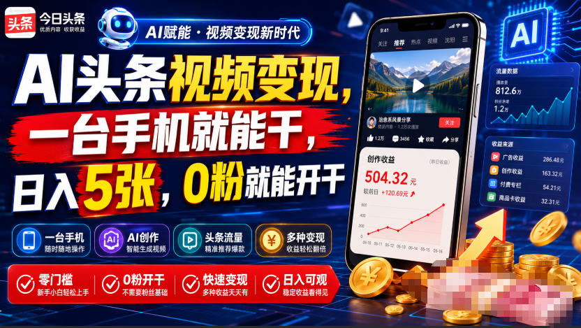 AI头条视频变现，一台手机就能干，日入5张，0粉就能开干-点子口袋网