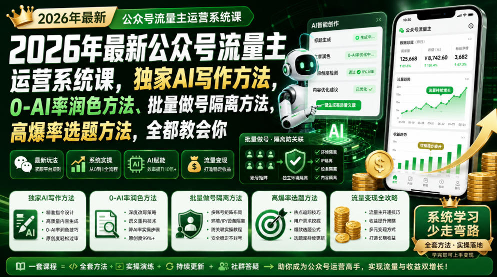 2026年最新公众号流量主运营系统课，独家AI写作方法，0-AI率润色方法、批量做号隔离方法、高爆率选题方法，全都教会你-点子口袋网