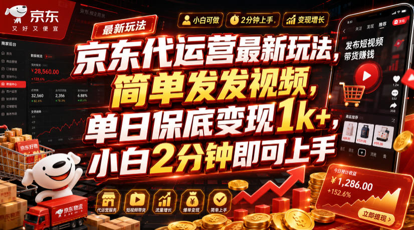 京东代运营最新玩法，简单发发视频，单日保底变现1k+，小白2分钟即可上手【揭秘】-点子口袋网