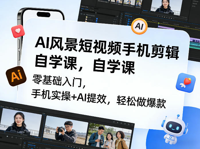 AI风景短视频手机剪辑自学课，零基础入门，手机实操+AI提效，轻松做爆款-点子口袋网