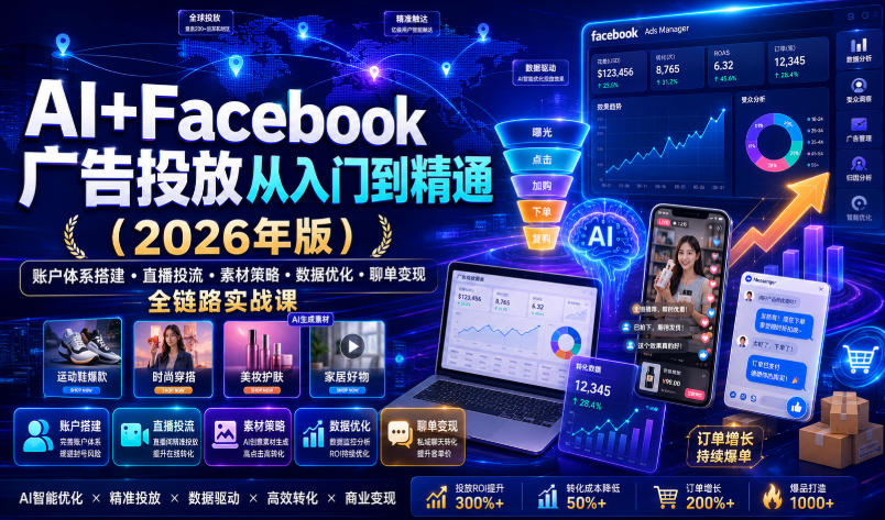 AI+Facebook广告投放从入门到精通（2026年版）｜账户体系搭建・直播投流・素材策略・数据优化・聊单变现全链路实战课-点子口袋网