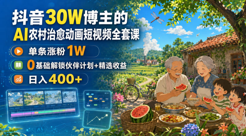 抖音30W博主的AI农村治愈动画短视频全套课｜单条涨粉1W，0基础解锁伙伴计划+精选收益，日入400+-点子口袋网