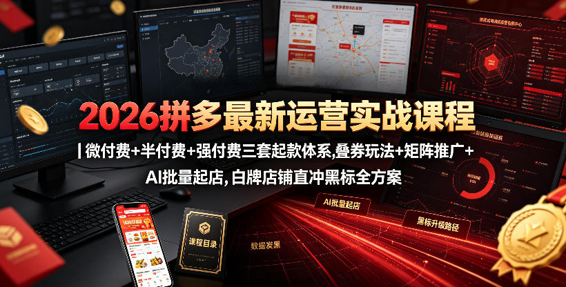 2026拼多多最新运营实战课程｜微付费+半付费+强付费三套起款体系，叠券玩法+矩阵推广+AI批量起店，白牌店铺直冲黑标全方案-点子口袋网