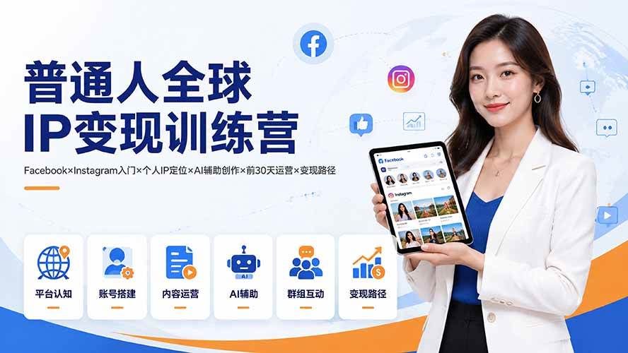 （19568期）普通人全球IP变现训练营：Facebook&times;Instagram入门&times;个人IP定位&times;AI辅助创作&times;前30天运营&times;变现路径