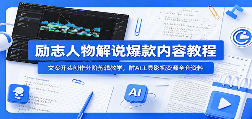 励志人物解说爆款内容教程：文案开头创作分阶剪辑教学，附AI 工具影视资源全套资料-点子口袋网