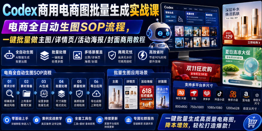 Codex商用电商图批量生成实战课｜电商全自动生图SOP流程，一键批量做主图/详情页/活动海报/封面商用教程-点子口袋网