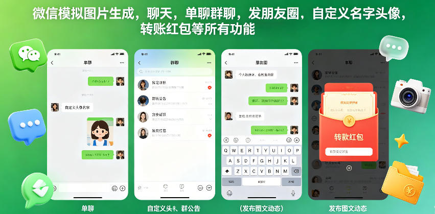 微信模拟图片生成，聊天，单聊群聊，发朋友圈，自定义名字头像，转账红包等所有功能都可以生成-点子口袋网