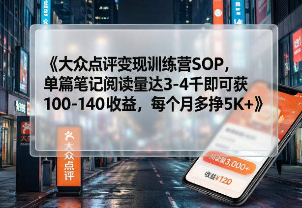 大众点评变现训练营SOP，单篇笔记阅读量达3-4千即可获100-140收益，每个月多挣5K+-点子口袋网