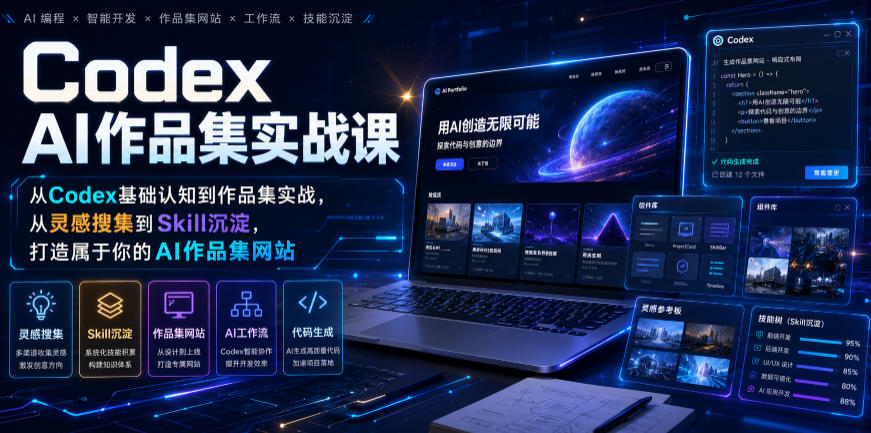 Codex AI作品集实战课，从Codex基础认知到作品集实战，从灵感搜集到Skill沉淀，打造属于你的AI作品集网站-点子口袋网