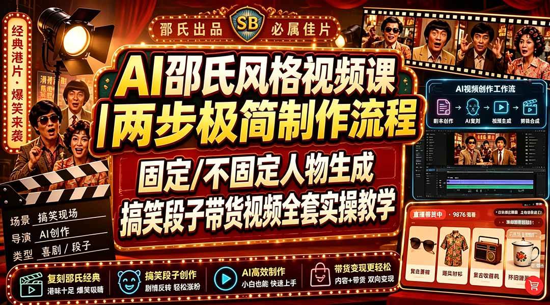 （19602期）AI邵氏风格视频课｜两步极简制作流程，固定/不固定人物生成，搞笑段子带货视频全套实操教学-点子口袋网