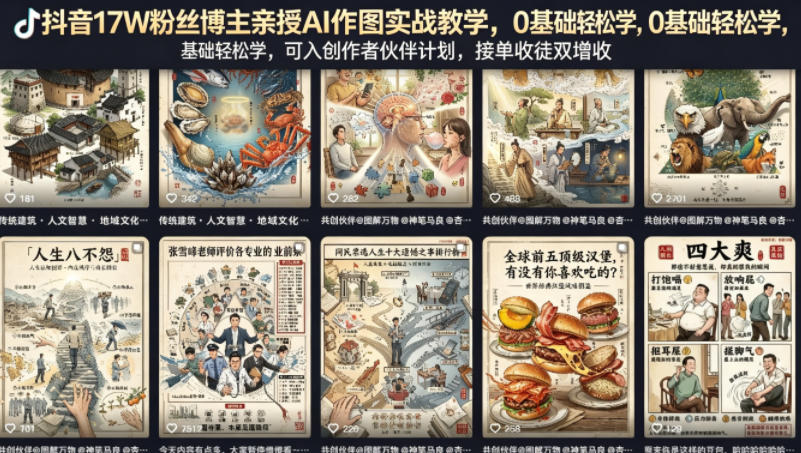 抖音17W粉丝博主亲授AI作图实战教学，0基础轻松学，可入创作者伙伴计划，接单收徒双增收-点子口袋网