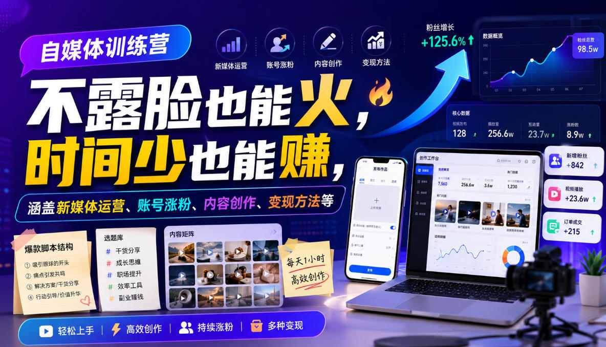 自媒体训练营，不露脸也能火，时间少也能賺，涵盖新媒体运营、账号涨粉、内容创作、变现方法等-点子口袋网