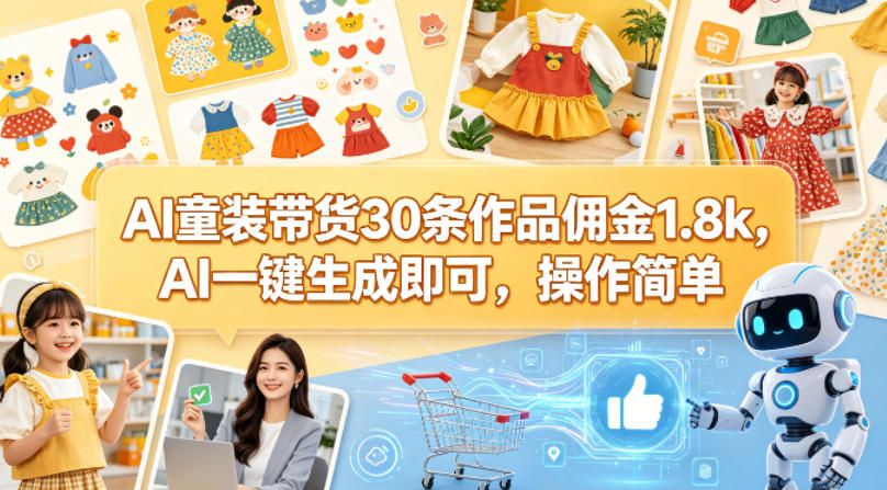 AI童装带货30条作品佣金1.8k，AI一键生成即可，操作简单-点子口袋网
