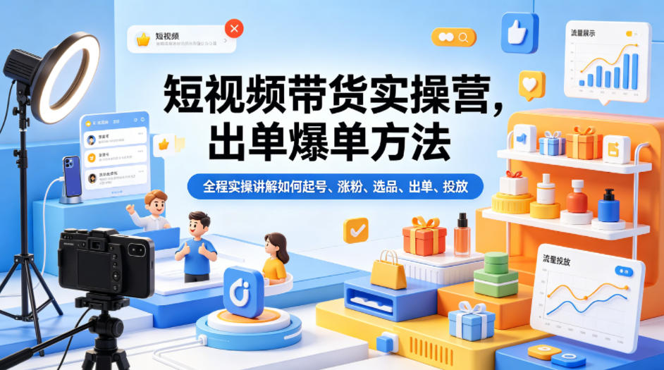 短视频带货实操营，出单爆单方法，全程实操讲解如何起号、涨粉、选品、出单、投放-点子口袋网