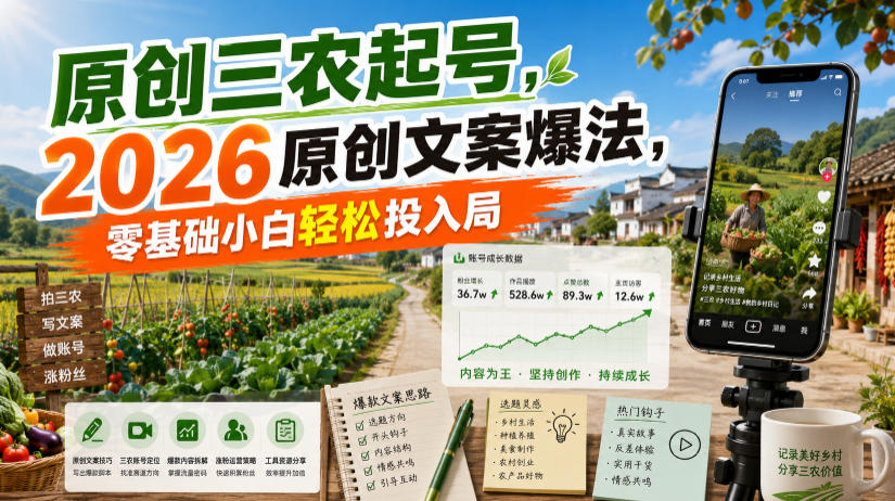 原创三农起号，2026原创文案爆法，零基础小白轻松投入局-点子口袋网