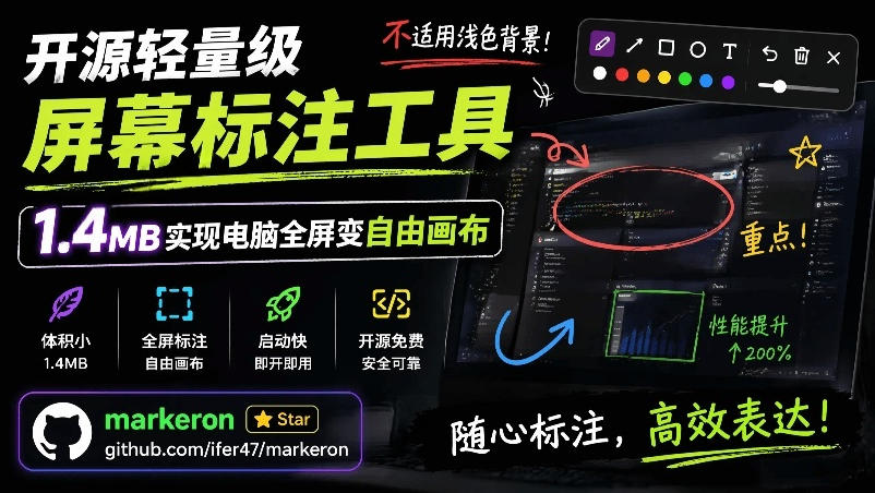 开源轻量级屏幕标注工具，1.4MB实现电脑全屏变自由画布！支持8种标注工具和全键盘操控MarkerOn-点子口袋网