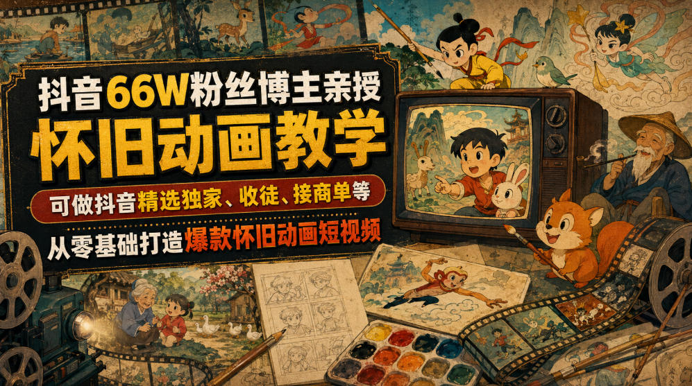 抖音66W粉丝博主亲授怀旧动画教学，可做抖音精选独家、收徒、接商单等，从零基础打造爆款怀旧动画短视频-点子口袋网