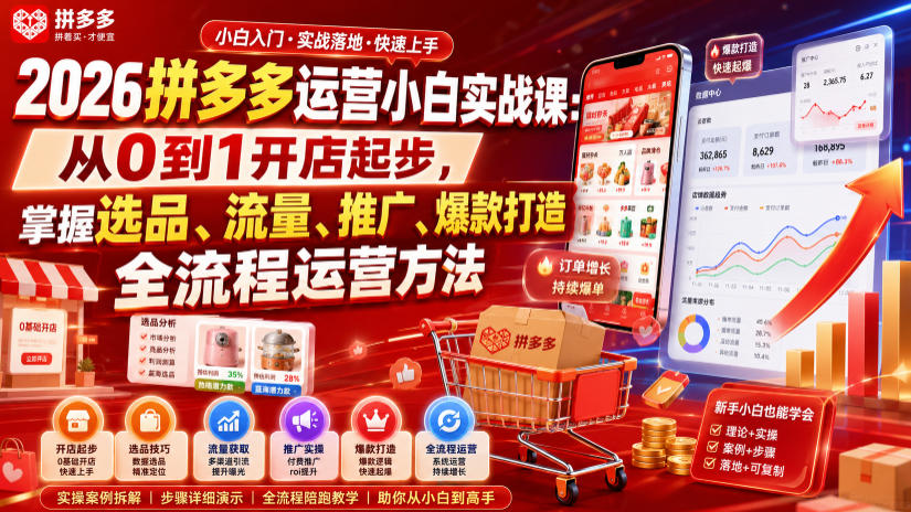 2026拼多多运营小白实战课：从0到1开店起步，掌握选品、流量、推广、爆款打造全流程运营方法-点子口袋网