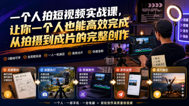 一个人拍短视频实战课，让你一个人也能高效完成从拍摄到成片的完整创作-点子口袋网