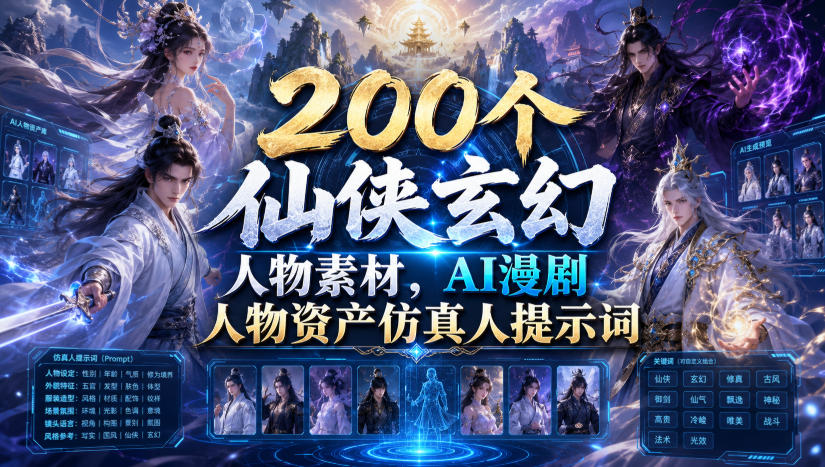 200个仙侠玄幻人物素材，AI漫剧人物资产仿真人提示词-点子口袋网