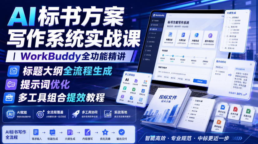 AI标书方案写作系统实战课｜WorkBuddy全功能精讲・标题大纲全流程生成・提示词优化・多工具组合提效教程-点子口袋网