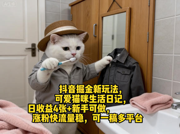 抖音掘金新玩法，可爱猫咪生活日记，日收益4张+新手可做，涨粉快流量稳，可一稿多平台-点子口袋网