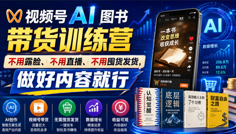 视频号AI图书带货训练营，不用露脸、不用直播、不用囤货发货，做好内容就行，一条爆款视频佣金8942-点子口袋网