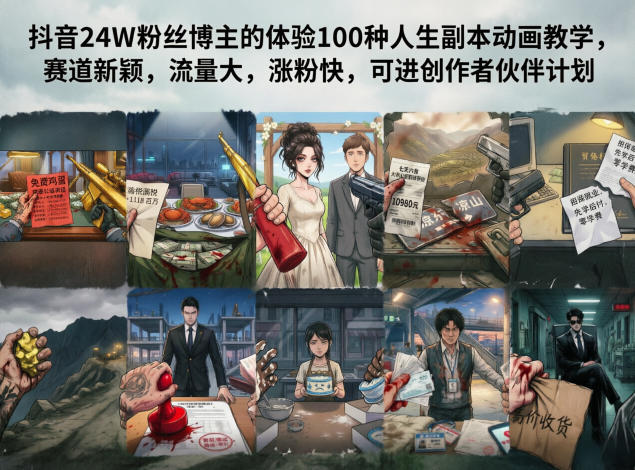 抖音24W粉丝博主的体验100种人生副本动画教学，赛道新颖，流量大，涨粉快，可进创作者伙伴计划-点子口袋网