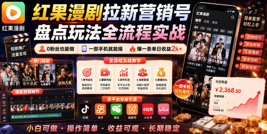 红果漫剧拉新营销号盘点玩法全流程实战，0粉丝也能做，一部手机就能做，爆一条单日收益2k+（更新0628）-点子口袋网