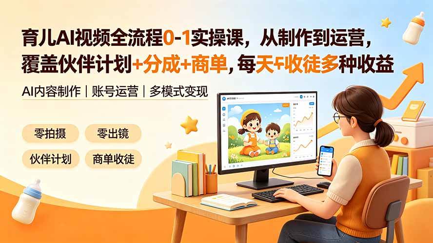 （19236期）育儿AI视频全流程0-1实操课，从制作到运营，覆盖伙伴计划+分成+商单+收徒多种收益，每天500+收益-点子口袋网