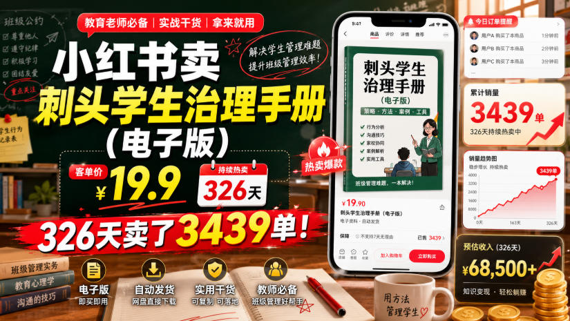小红书卖刺头学生治理手册（电子版），客单价19.9，326天卖了3439单！-点子口袋网