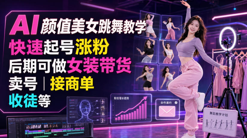 AI颜值美女跳舞教学，快速起号涨粉，后期可做女装带货，卖号，接商单，收徒等-点子口袋网