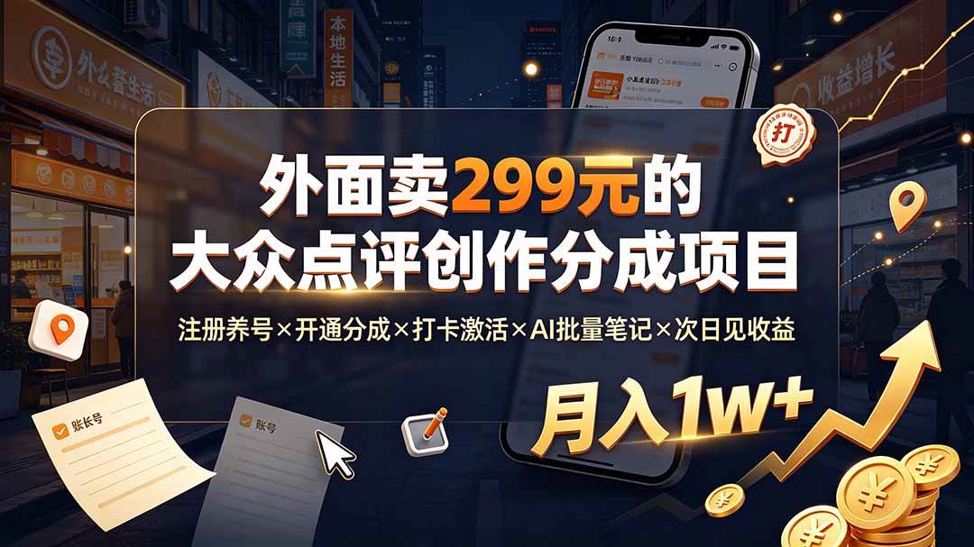 （19488期）外面卖299元的大众点评创作分成项目：注册养号×开通分成×打卡激活×AI批量笔记×次日见收益，月入1w+-点子口袋网