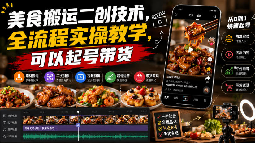 美食搬运二创技术，全流程实操教学，可以起号带货-点子口袋网