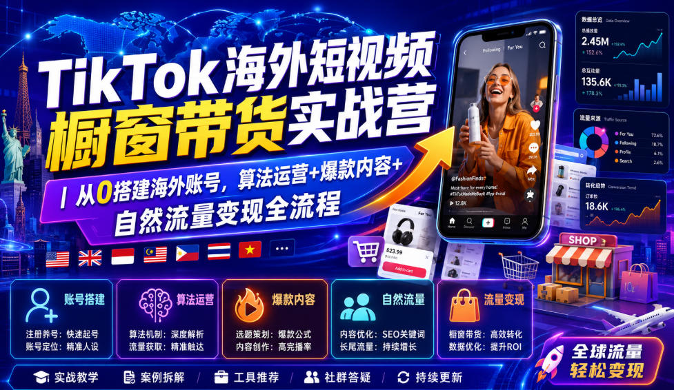 TikTok海外短视频橱窗带货实战营｜从0搭建海外账号，算法运营+爆款内容+自然流量变现全流程-点子口袋网