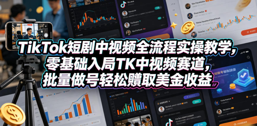 TikTok短剧中视频全流程实操教学，零基础入局TK中视频赛道，批量做号轻松賺取美金收益-点子口袋网