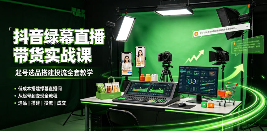 某社群抖音绿幕直播带货实战课，起号选品搭建投流全套教学，低成本搭建绿幕直播间-点子口袋网